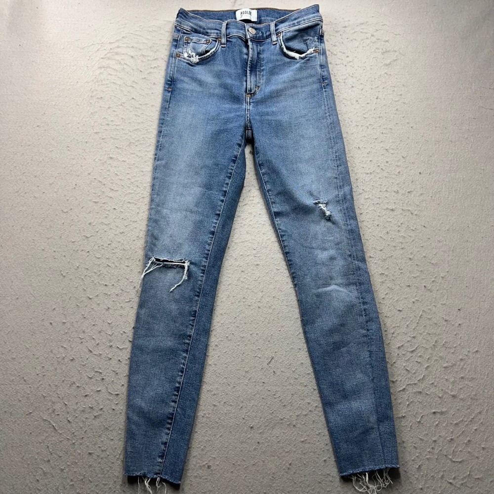 AGOLDE Sophie High Rise Skinny Jeans Distressed Raw Hem Blue Womens Size 27